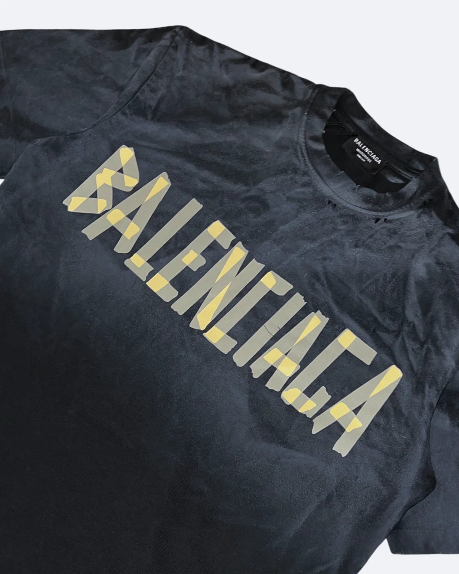 Balenciaga - Yellow Tape Distressed T-Shirt - Washed Black