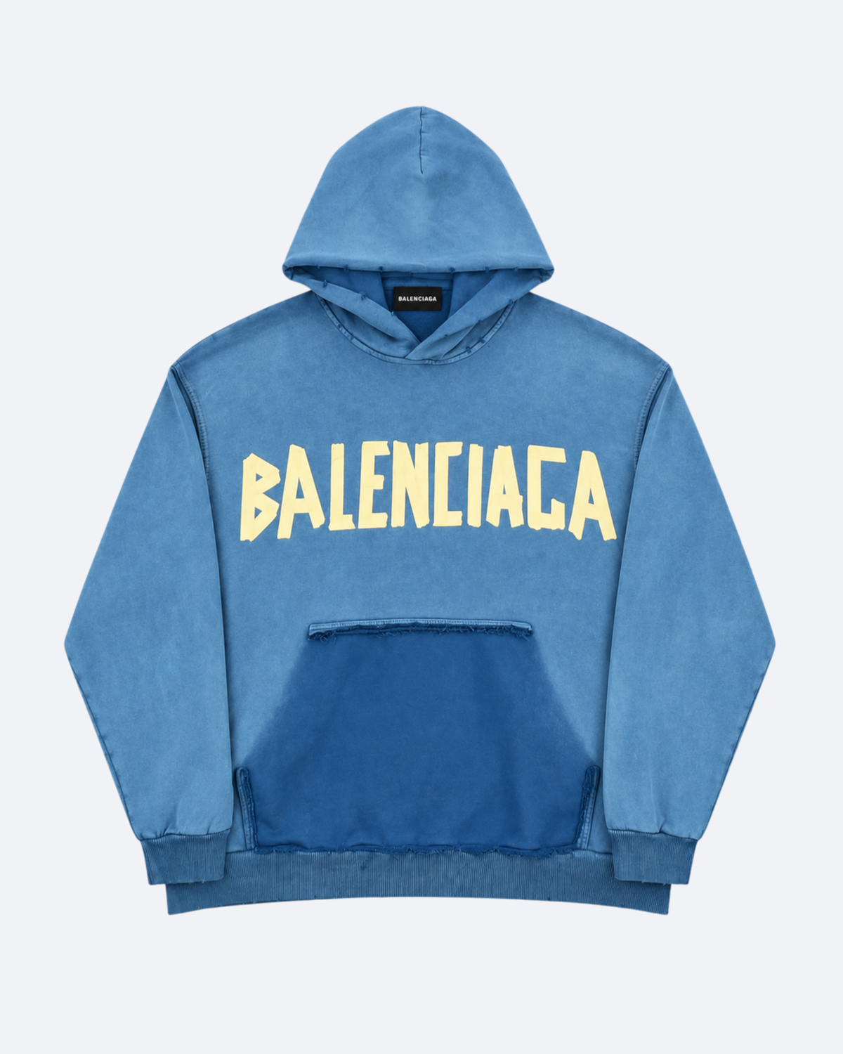 Balenciaga - Yellow Tape Logo Distressed Hoodie - Blue