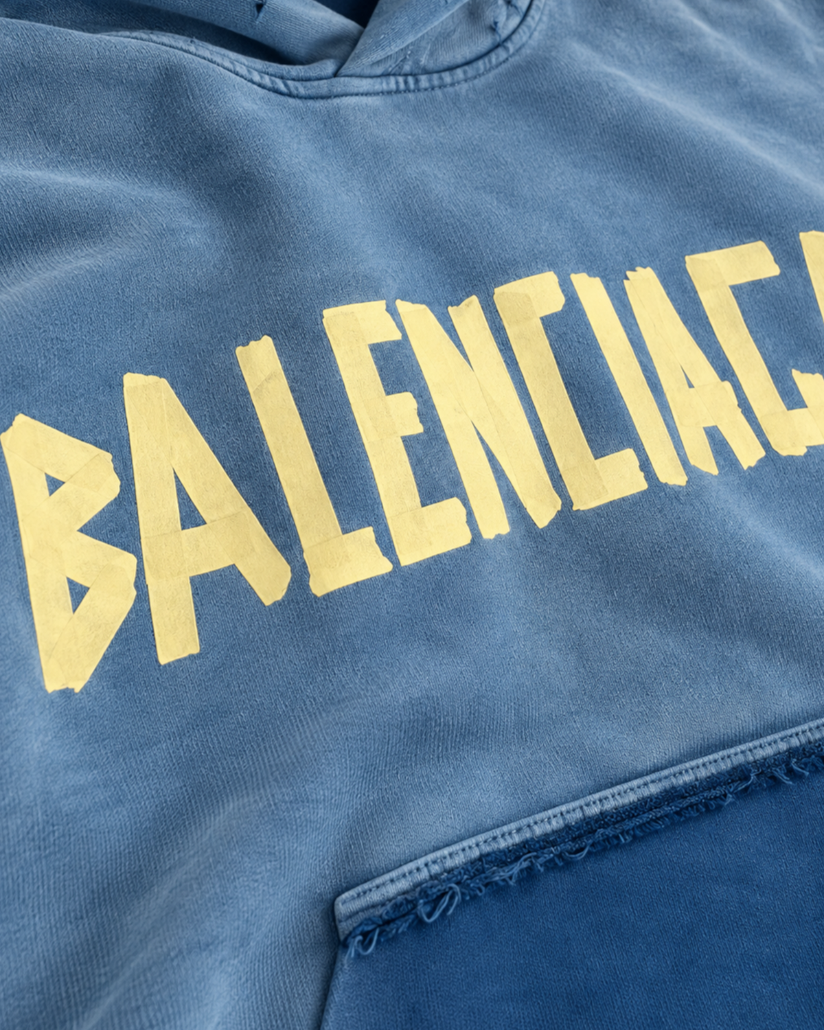 Balenciaga - Yellow Tape Logo Distressed Hoodie - Blue